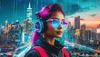 Futuristisches Cyberpunk-Porträt  mit neonfarbenem Haar und futuristischem Make-up vor dystopischer Stadtlandschaft