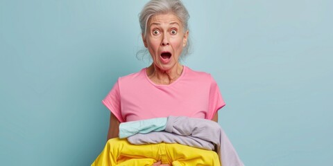 Poster - An old woman holding a pile of clothes. Can be used to depict laundry, cleaning, or household chores