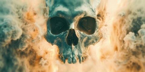 Poster - A close-up shot of a skull with smoke billowing out of it. Perfect for Halloween-themed designs or illustrations