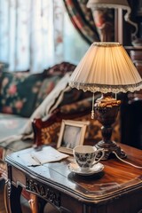 Poster - A table with a lamp on top. Perfect for adding a warm and cozy touch to any room