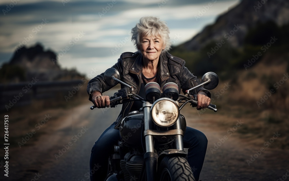 Old Person Riding Motorcycle An adventurous elderly woman embraces a modern lifestyle as she travels ...