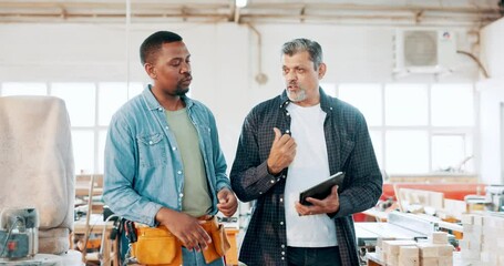 Poster - Man, tablet and carpenter in discussion for construction, supply chain or production of woodwork at workshop. Male person, builder or craftsman team, talking and walking with technology at warehouse