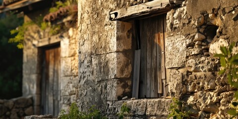Poster - An image of an old stone building with a wooden window. This picture can be used to depict historical architecture or rustic charm