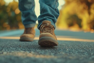 Poster - A close up view of a person walking on a road. Suitable for various applications