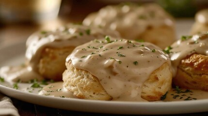 Wall Mural - Biscuits covered in gravy are placed on a white plate. Perfect for breakfast or comfort food concepts