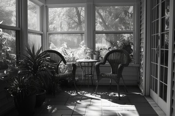 Poster - A simple black and white photo featuring two chairs and a table. Suitable for various design projects and interior concepts