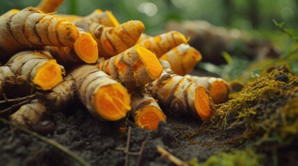 Poster - A close-up view of a bunch of tumerics lying on the ground. Perfect for food, spice, and culinary-related projects