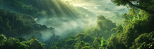 Panoramic Aerial View Of A Jungle Landscape At Sunrise.