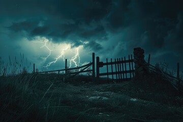 Poster - A picture of a wooden fence with a dramatic lightning bolt in the sky. This image can be used to depict the power of nature or to create an atmosphere of anticipation or danger