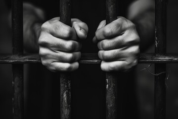 Poster - Hands gripping the bars of a jail cell. Can be used to depict imprisonment, confinement, or the concept of being trapped