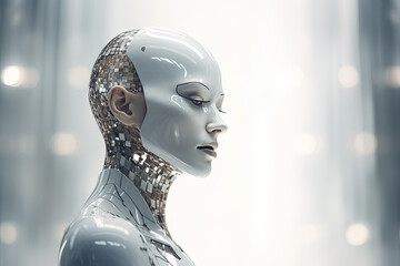 Wall Mural - 3D rendering of a female robot in a white futuristic space suit