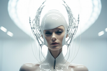 Wall Mural - 3D rendering of a female robot in a white futuristic space suit