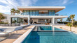 beautiful home on the beach, a white beach house mansion, modern design, big glass windows with a lot of detail
