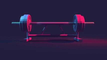 Poster - A barbell resting on a stand in a dimly lit room. Ideal for fitness and workout concepts