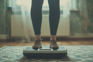 Aufkleber - A woman standing on a scale in a room. This image can be used to depict weight loss, fitness, or health-related concepts