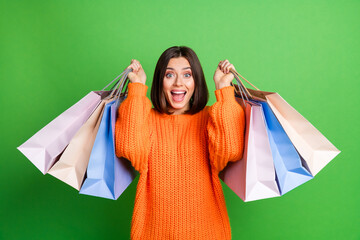 Sticker - Photo of impressed nice girl hands hold raise shop bags limited time only sale offer isolated on green color background