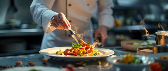 Wall Mural - chef's hands and a plate with delicious food.