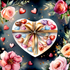 Wall Mural - Gift box. Box of chocolates. Present. Surprise. Watercolor. Valentine's Day. The 14th of February. Valentine's Day. Birthday. March 8.