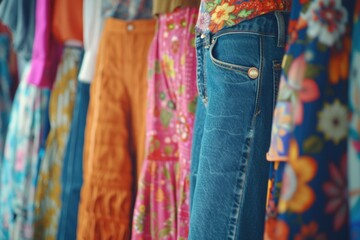 Aufkleber - A collection of jeans hanging on a rack. Suitable for fashion, retail, and clothing-related themes