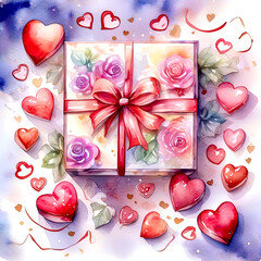 Wall Mural - Gift box. Box of chocolates. Present. Surprise. Watercolor. Valentine's Day. The 14th of February. Valentine's Day. Birthday. March 8.