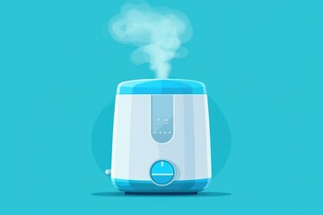 Poster - A compact humidifier in blue and white colors emitting steam. Suitable for use in dry environments