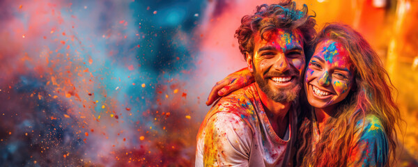 Canvas Print - A joyful couple covered in colorful paint splatters, smiling and hugging each other. Fictional Character Created by Generated AI.