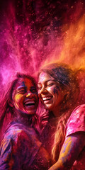 Wall Mural - Colorful Festival - Smiling Women Dancing in the Colors, Fictional Character Created by Generated AI.