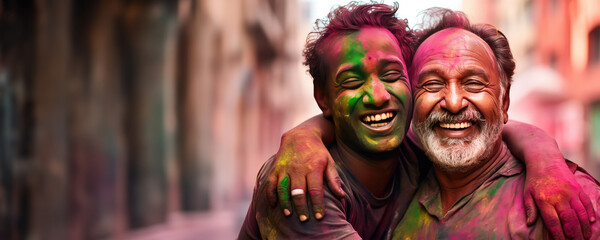 Canvas Print - Two men having a colorful moment during a festival, Fictional Character Created by Generated AI.