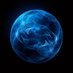 abstract blue plasma sphere generating energy illuminated against black background