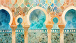 Minimalist illustration of mosque in light tone pastel, ramadan, eid background, in watercolor