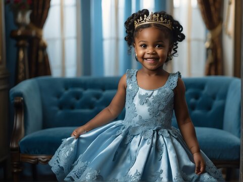 Adorable smiling happy black african baby girl dressed as a princess in blue dress from Generative AI