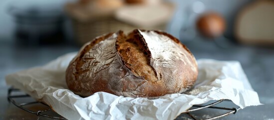 Poster - Sourdough rye bread, wrapped in craft paper, cools on a metal wire rack.