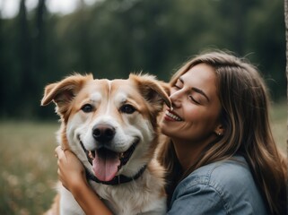 Wall Mural - Beautiful young woman smiling happy with her cute adorable dog from Generative AI