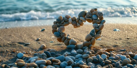 Poster - A heart made out of rocks on a beach. Perfect for romantic or nature-themed projects