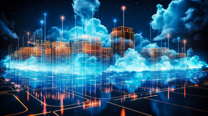 Poster - digital illustration of cloud computing network with glowing blue clouds and data streams on a futur