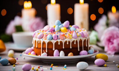 Wall Mural - Easter celebration with a beautifully decorated cake topped with pastel candy eggs on a festive table surrounded by spring flowers and a lit candle