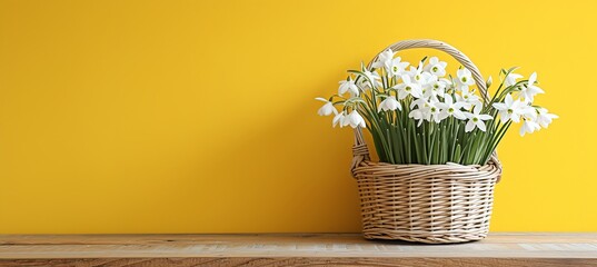 White basket of snowdrops   isolated on yellow spring background with copy space for text placement