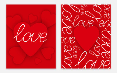 Wall Mural - Love lettering with red hearts on a red background. A set of two cards for Valentine's Day.