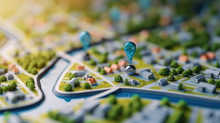 Fototapete - A close-up view of a map with a pin marking a specific location. This image can be used to illustrate travel, navigation, or planning