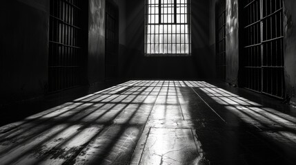 Poster - A black and white photo of a jail cell. Suitable for crime-related projects or storytelling about imprisonment