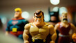 Cartoon super villain looks angrily at camera. Plastic toy figure of wrestler close-up. Muscular man in t-shirt with biceps. Figurine for children. Superhero team. Concept of strength, struggle, power