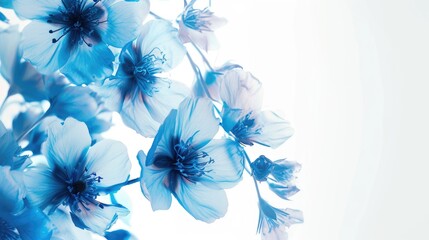 Poster - Blue flowers create design on white background.