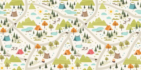 Wall Mural - cute hand drawn vector seamless pattern with camping doodles, tents, landscape and trails, great for