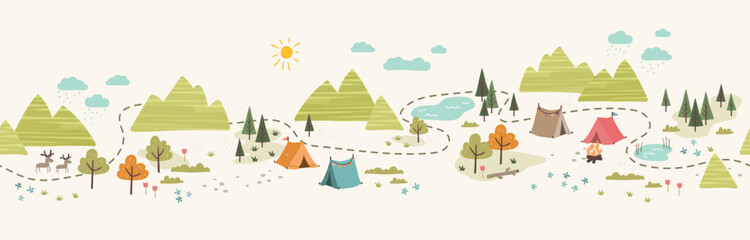 Wall Mural - cute hand drawn vector seamless pattern with camping doodles, tents, landscape and trails, great for