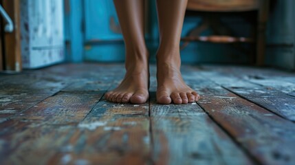 Poster - A person standing on a wooden floor with bare feet. Suitable for various themes and concepts
