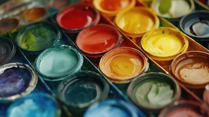 Poster - A close-up view of a box of watercolor paints. Ideal for art projects and creative designs