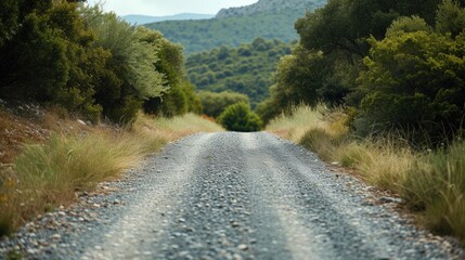 Poster - A dirt road winding through a lush forest. Perfect for nature and outdoor themed projects