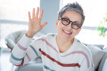 Poster - Photo of positive grandmother toothy smile arm palm waving hi enjoy pastime weekend apartment inside