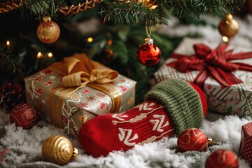 Aufkleber - A pile of presents under a Christmas tree. Perfect for holiday-themed designs and festive promotions