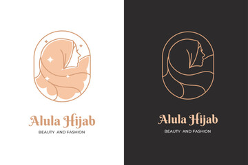 premium beauty hijab fashion logo design template in linear style
